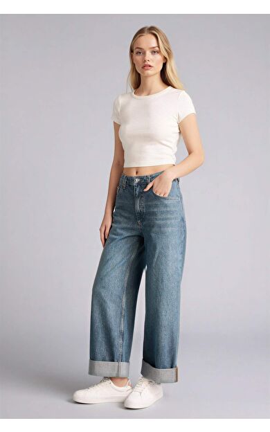 Baggy Fıt Yüksek Bel Katlamalı Paça Jean Yıkamalı Pantolon