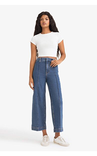 DeFacto Culotte Yüksek Bel Crop Fit Crop Jean Kar Yıkamalı Pantolon
