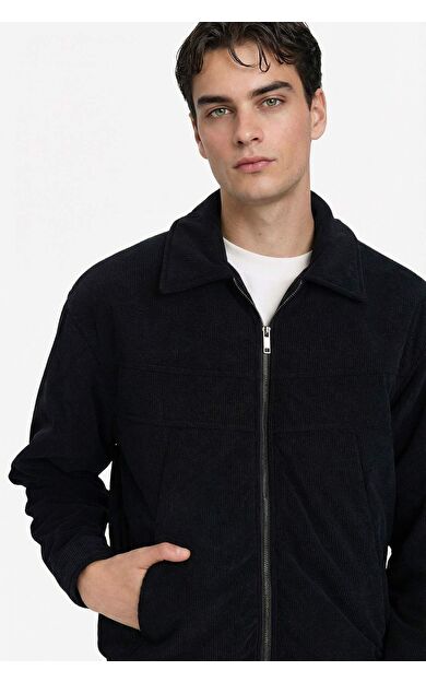 Oversize Geniş Kalıp Gömlek Yaka Fermuarlı Kadife Mont