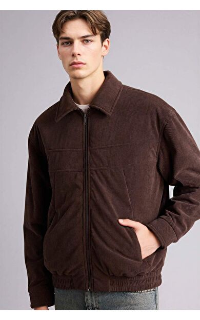 Oversıze Geniş Kalıp Gömlek Yaka Fermuarlı Kadife Mont