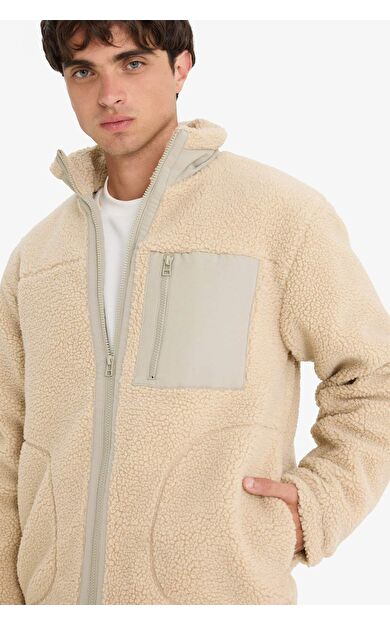 Regular Fit Dik Yaka Fermuarlı İç Cepli Peluş Mont