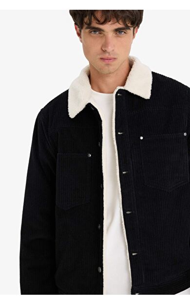 DeFacto Slim Fit Dar Kesim Gömlek Yaka Pelüş Astar Çıtçıtlı Pamuklu Mont