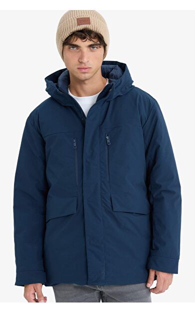 Su İtici Regular Fit Kapüşonlu Fermuarlı İç Cepli Cebi Pelüşlü Mont