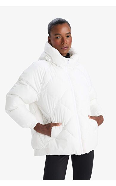 DeFactoFit Su İtici Oversize Fit Geniş Kalıp Kapüşonlu Fermuarlı Cepli Şişme Mont