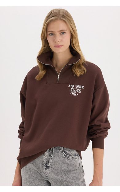 DeFacto Coool Oversize Geniş Kalıp Fermuarlı Dik Yaka Baskılı Kalın Sweatshirt E9281AX25SPBN505