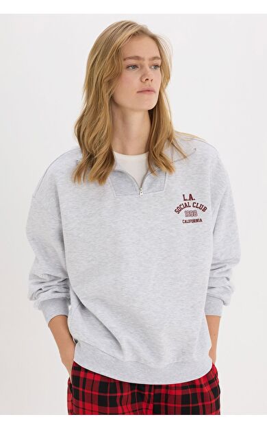 DeFacto Coool Oversize Geniş Kalıp Fermuarlı Dik Yaka Baskılı Kalın Sweatshirt E9281AX25SPGR256