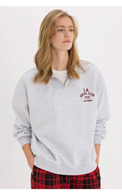 DeFacto Coool Oversize Geniş Kalıp Fermuarlı Dik Yaka Baskılı Kalın Sweatshirt E9281AX25SPGR256