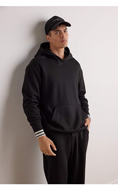 DeFacto Boxy Fit Kapüşonlu Jakarlı Sweatshirt E9308AX25AUBK81
