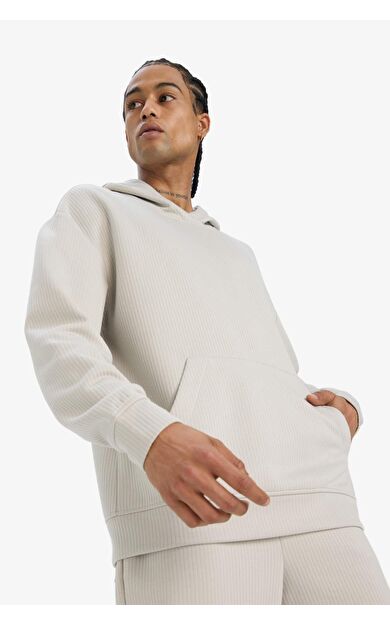 Boxy Fit Kapüşonlu Kanguru Cepli Jakarlı Sweatshirt