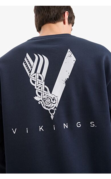 DeFacto Vikings Boxy Fit Bisiklet Yaka Sırt Baskılı Sweatshirt