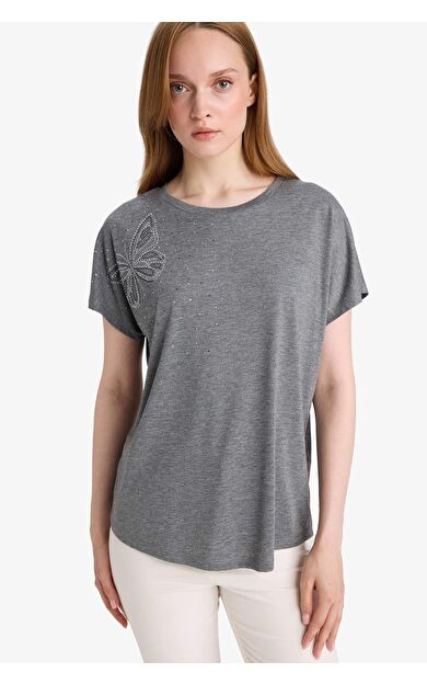 DeFacto Bisiklet Yaka Taş Baskılı Kısa Kollu Tişört E9333AX25SMAR166