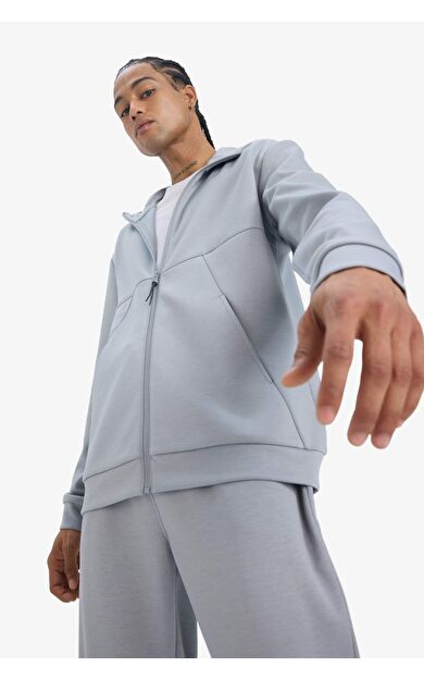 DeFacto DeFactoFit Standart Fit Kapüşonlu Skuba Dalgıç Kumaş Yumuşak Tuşe Fermuarlı Hırka E9336AX25AUGR445