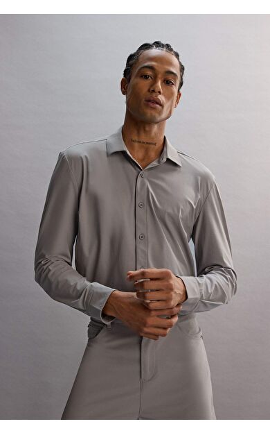 DeFactoFit Slim Fit Dar Kesim Gömlek Yaka Uzun Kollu Gömlek