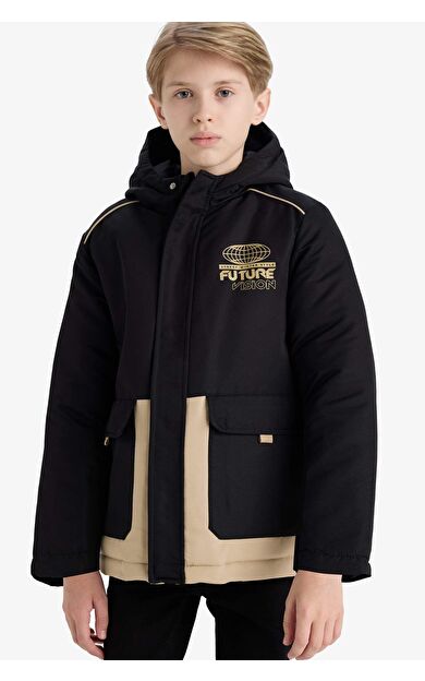 Erkek Çocuk Su İtici Kapüşonlu Fermuarlı Mont