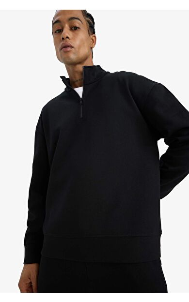 DeFacto Boxy Fit Dik Yaka Yarım Fermuarlı Skuba Dalgıç Kumaş Sweatshirt E9363AX25AUBK81