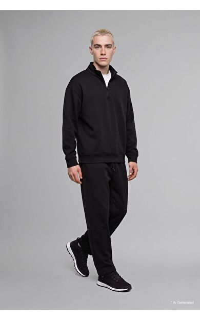 DeFacto Boxy Fıt Dik Yaka Skuba Dalgıç Kumaş Sweatshirt Siyah