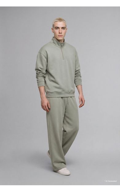 DeFacto Boxy Fıt Dik Yaka Skuba Dalgıç Kumaş Sweatshirt Haki