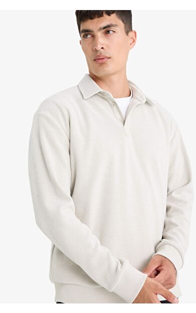 DeFacto Regular Fit Polo Yaka Yarım Fermuarlı Fitilli Kadife Sweatshirt