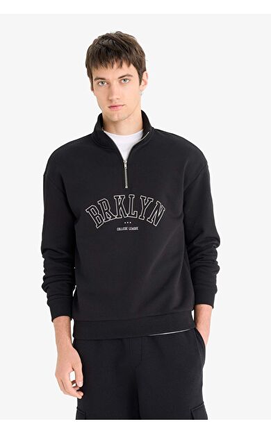 Boxy Fit Dik Yaka Fermuarlı Baskılı Sweatshirt E9414AX25AUBK81