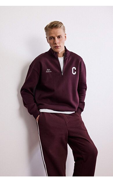Boxy Fit Dik Yaka Fermuarlı Baskılı Sweatshirt E9415AX25AUBR230