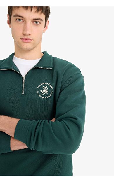 Boxy Fit Dik Yaka Fermuarlı Baskılı Sweatshirt E9416AX25AUGN536