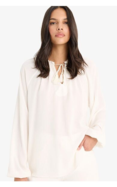 Regular Fit Bisiklet Yaka Krinkıl Kumaş Uzun Kollu Bluz