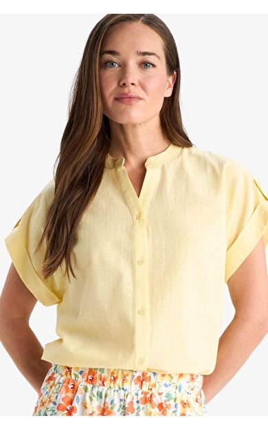 DeFacto Regular Fit Bisiklet Yaka Flamlı Pamuk Kısa Kollu Gömlek