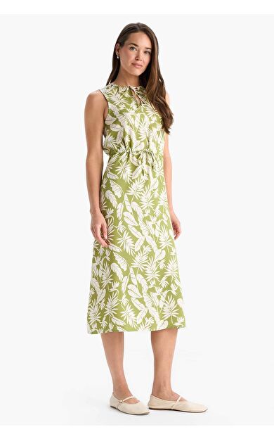 Regular Fit Desenli Bağcıklı Yaka Kolsuz Midi Elbise