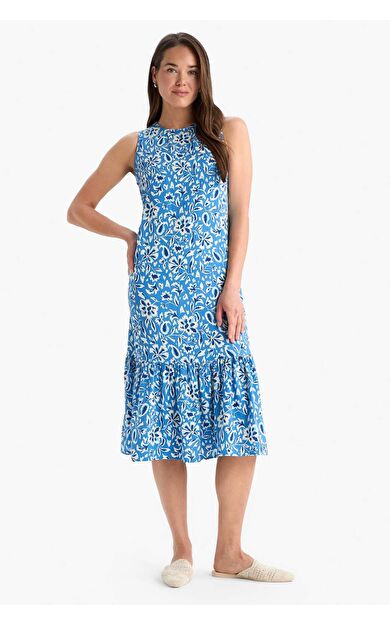 Regular Fit Desenli Bisiklet Yaka Kolsuz Midi Elbise