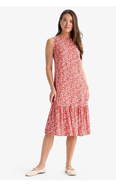 Regular Fit Desenli Bisiklet Yaka Kolsuz Midi Elbise