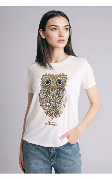 DeFacto Regular Fıt Bisiklet Yaka Baykuş Desenli Kısa Kollu Tişört