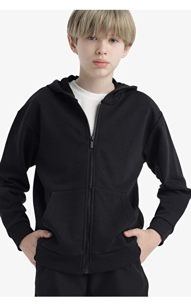 Erkek Çocuk Basic Düz Kapüşonlu Fermuarlı Sweatshirt