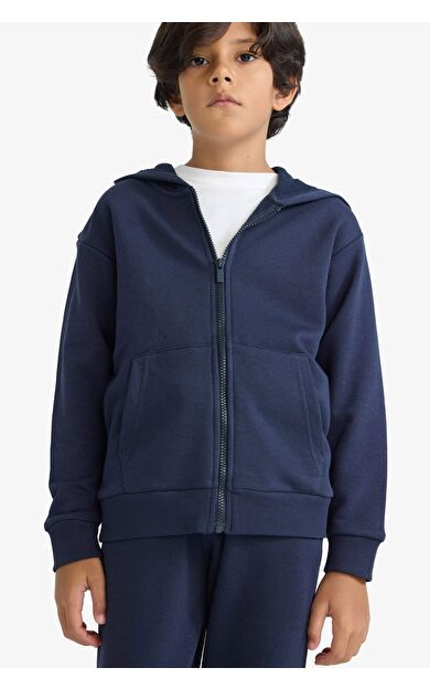 Erkek Çocuk Basic Düz Kapüşonlu Fermuarlı Sweatshirt
