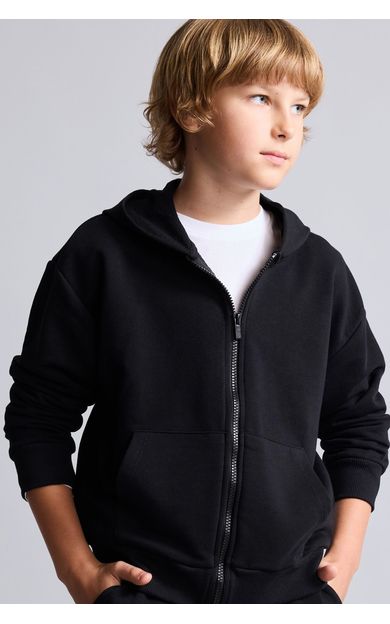 DeFacto Kapüşonlu Basic Fermuarlı Cepli Sweatshirt Hırka Erkek Çocuk Siyah