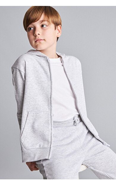 DeFacto Kapüşonlu Basic Fermuarlı Cepli Sweatshirt Hırka Erkek Çocuk Gri