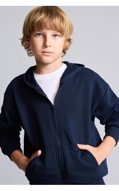 DeFacto Kapüşonlu Basic Fermuarlı Cepli Sweatshirt Hırka Erkek Çocuk Lacivert