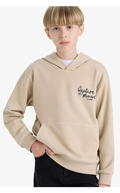 DeFacto Erkek Çocuk Baskılı Kapüşonlu İçi Yumuşak Tüylü Okul Sweatshirt