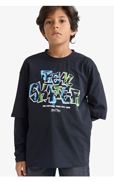 Erkek Çocuk Oversize Geniş Kalıp Bisiklet Yaka Uzun Kollu Tişört E9585A825AUNV86