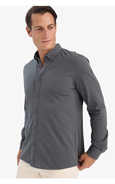 Regular Fit Polo Yaka Dokulu Uzun Kollu Gömlek