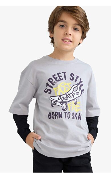 DeFacto Erkek Çocuk Oversize Geniş Kalıp Bisiklet Yaka Uzun Kollu Tişört E9590A825AUGR160