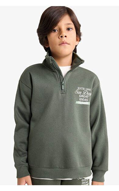 DeFacto Erkek Çocuk Yarım Fermuarlı İçi Yumuşak Tüylü Baskılı Sweatshirt
