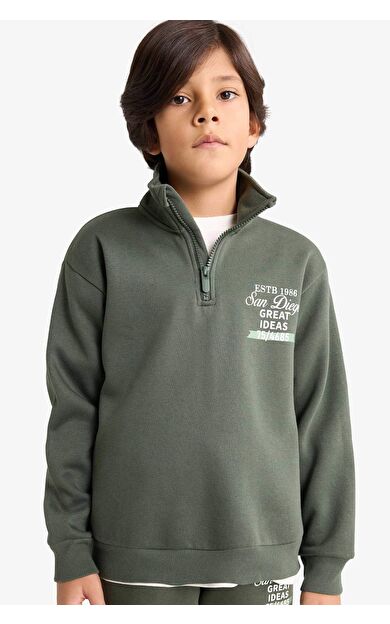 Erkek Çocuk Yarım Fermuarlı İçi Yumuşak Tüylü Baskılı Sweatshirt