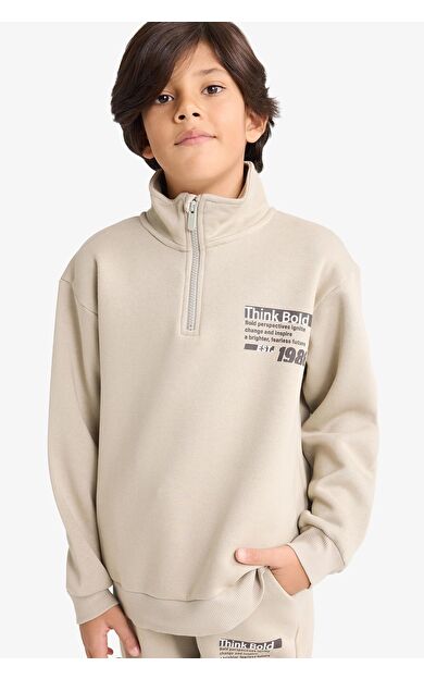 DeFacto Erkek Çocuk Yarım Fermuarlı İçi Yumuşak Tüylü Baskılı Sweatshirtt