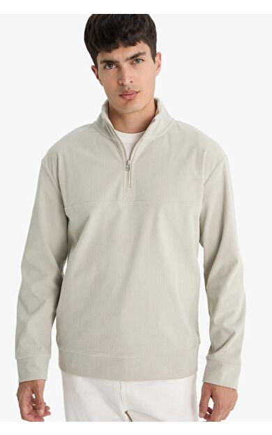 DeFacto Regular Fit Dik Yaka Yarım Fermuarlı Fitilli Kadife Sweatshirt