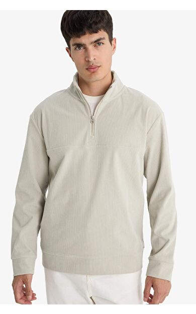 DeFacto Regular Fit Dik Yaka Yarım Fermuarlı Fitilli Kadife Sweatshirt