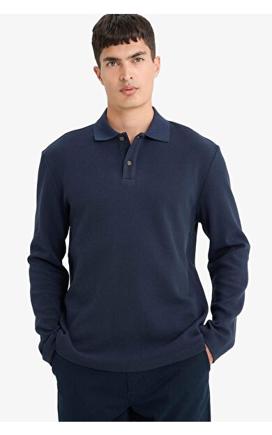 DeFacto %100 Pamuk Regular Fit Polo Yaka Düğmeli Dokulu Sweatshirt