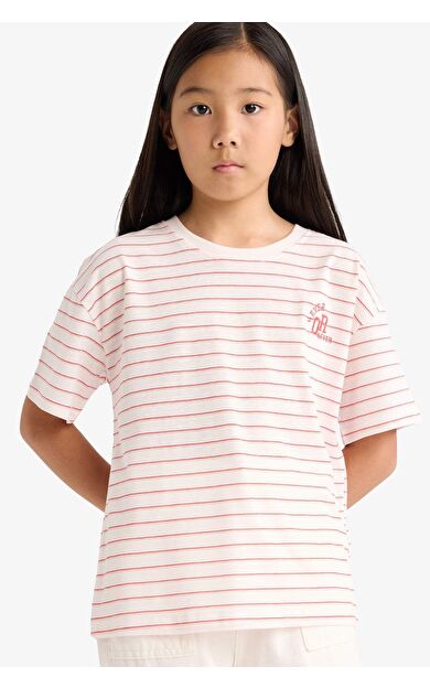 Kız Çocuk Relax Fit Bisiklet Yaka Çizgili Kısa Kollu Tişört