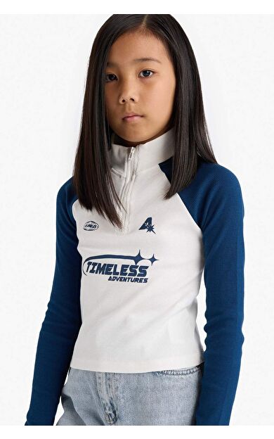 DeFacto Kız Çocuk Fitted Balıkçı Yaka Slogan Baskılı Fitilli Kaşkorse Uzun Kollu Tişört