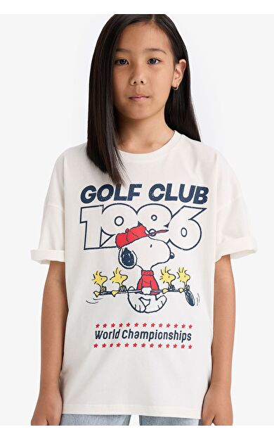 DeFacto Kız Çocuk Snoopy Oversize Geniş Kalıp Bisiklet Yaka Kısa Kollu Tişört E9655A825AUER138