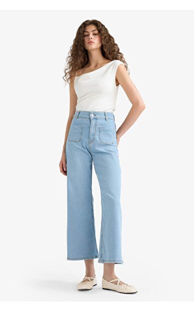 DeFacto Culotte Yüksek Bel Crop Fit Crop Jean Yıkamalı Pantolon